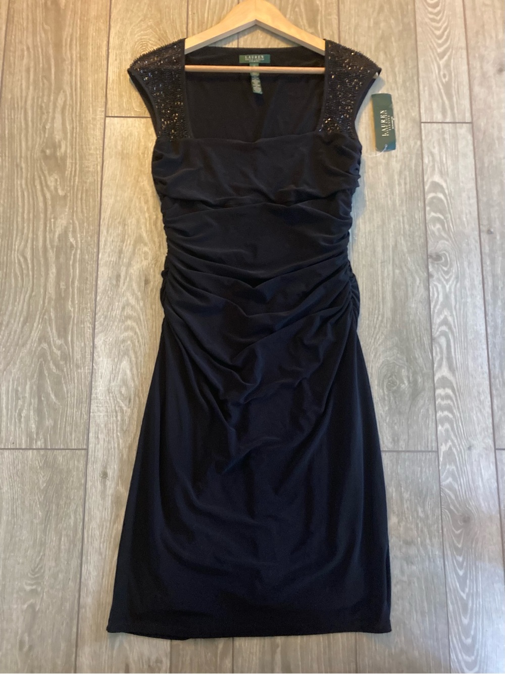Lauren Ralph Lauren Black Beaded Cap-Sleeve Midi Dress